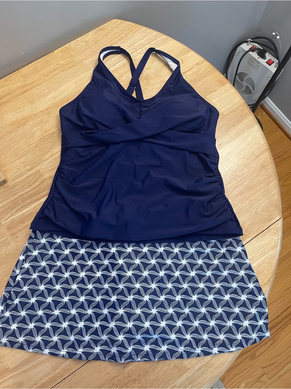 Navy Blue Women's Tankini Swim Dress with Patterned Skirt